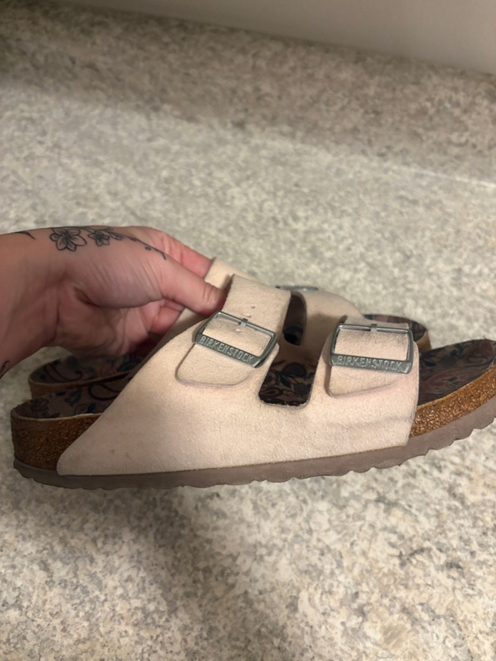 Birkenstock Light Pink Suede Two-Buckle Sandal with Patterned Footbed - Picture 2 of 4